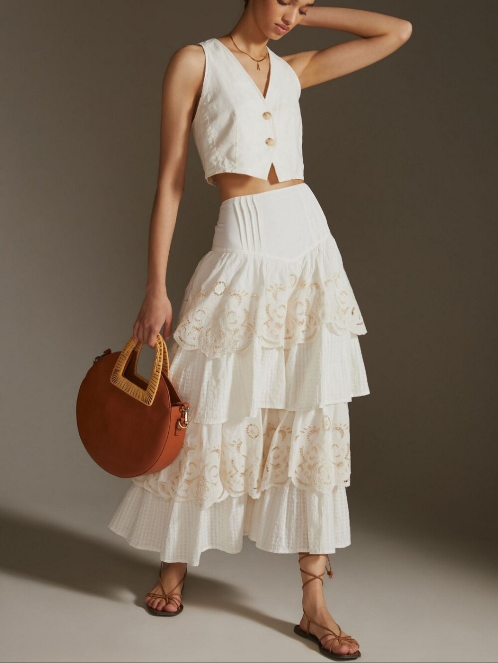 Anthropologie Ivory Tiered Eyelet Maxi Skirt